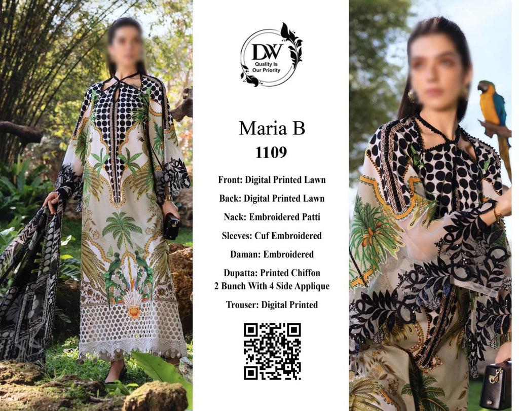 Maria B – Monochrome Polka Dot & Tropical Printed Lawn – 3PC