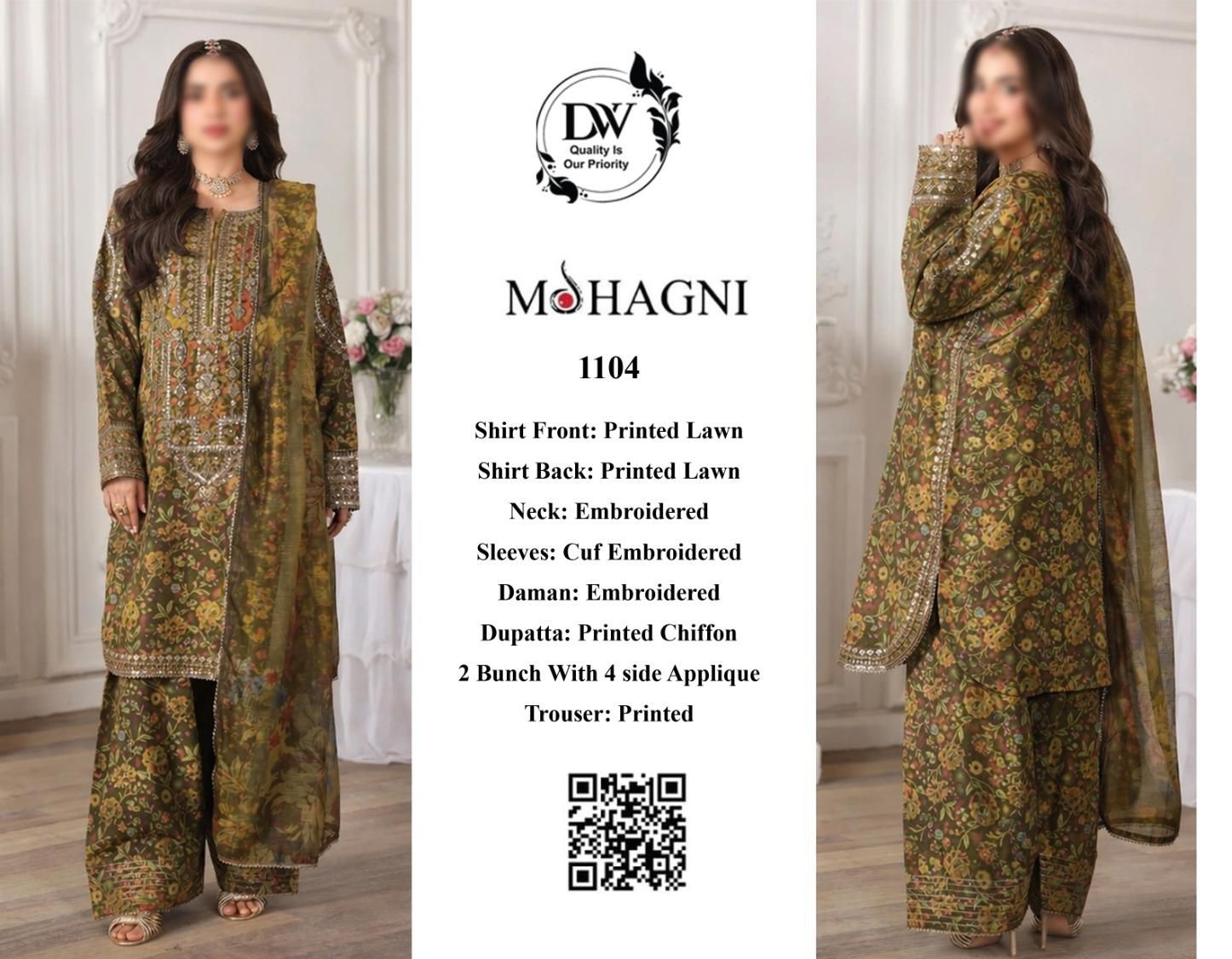 Mohagni – Vintage Olive Green Floral Printed Lawn – 3PC