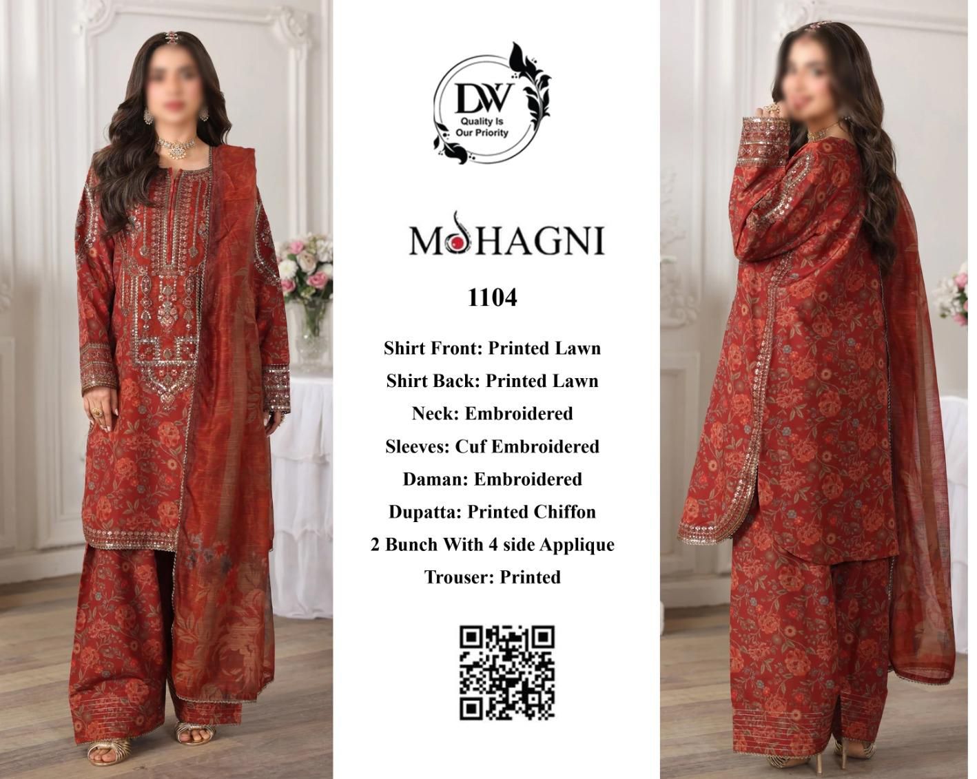Mohagni – Rust Red Earthy Floral Printed Lawn – 3PC