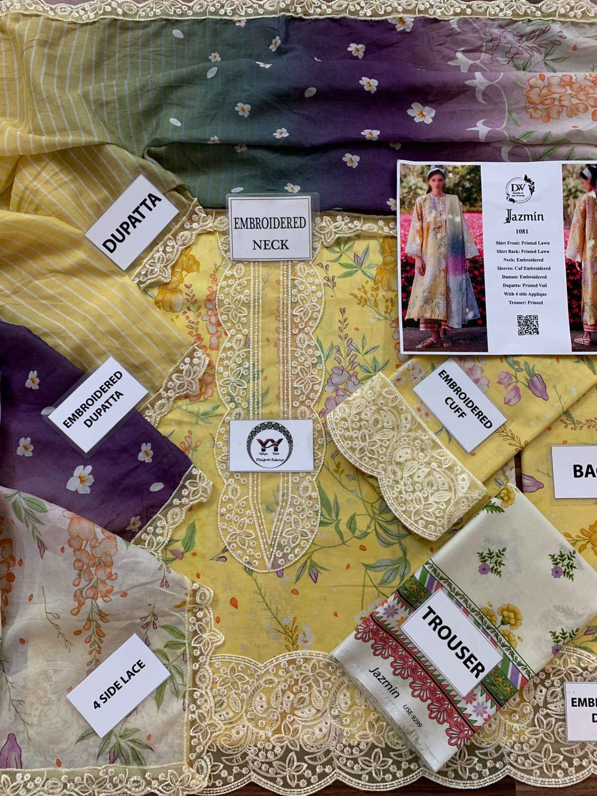 Jazmín – Vibrant Yellow Summer Floral with Ombre Voil Dupatta – 3PC