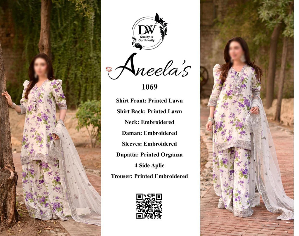 Aneela’s – Lavender Botanical Print with Organza Dupatta – 3PC