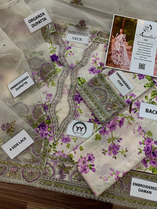 Aneela’s – Lavender Botanical Print with Organza Dupatta – 3PC