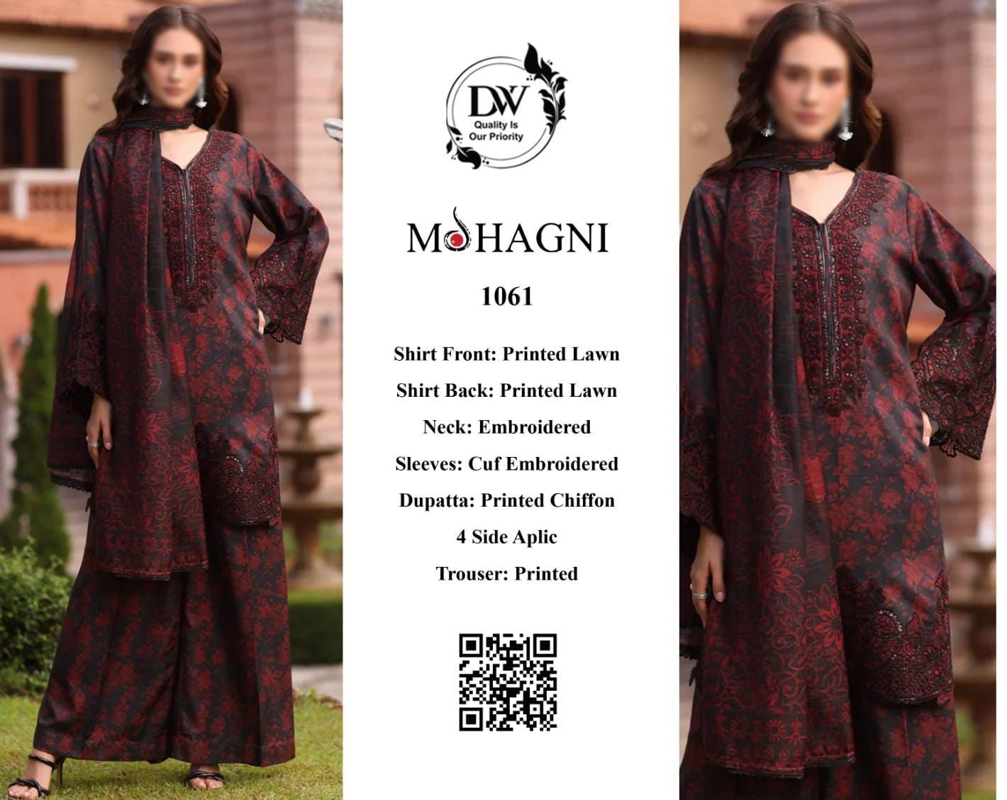 Mohagni – Crimson Red & Jet Black Evening Floral Lawn – 3PC