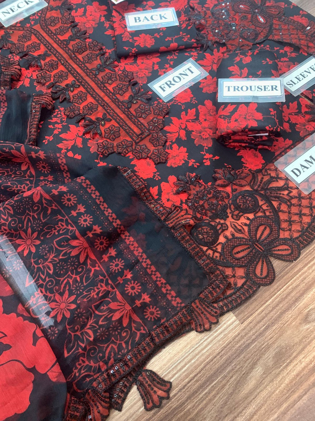 Mohagni – Crimson Red & Jet Black Evening Floral Lawn – 3PC