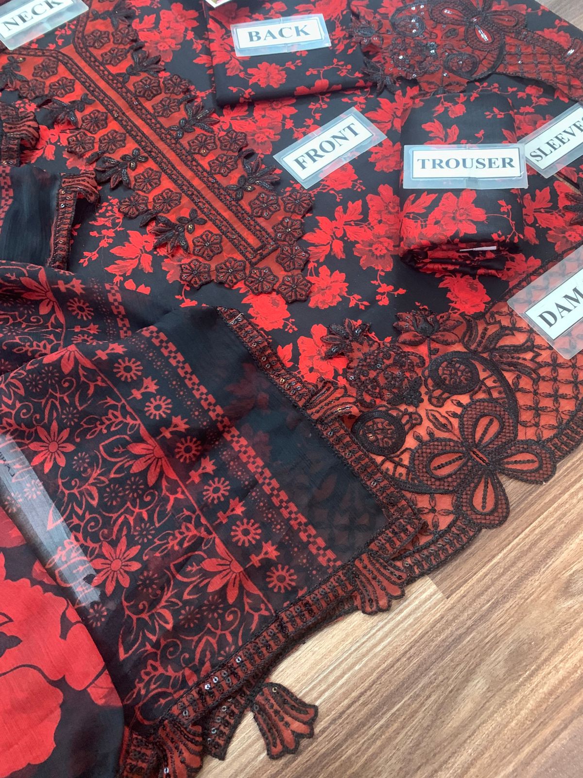 Mohagni – Crimson Red & Jet Black Evening Floral Lawn – 3PC