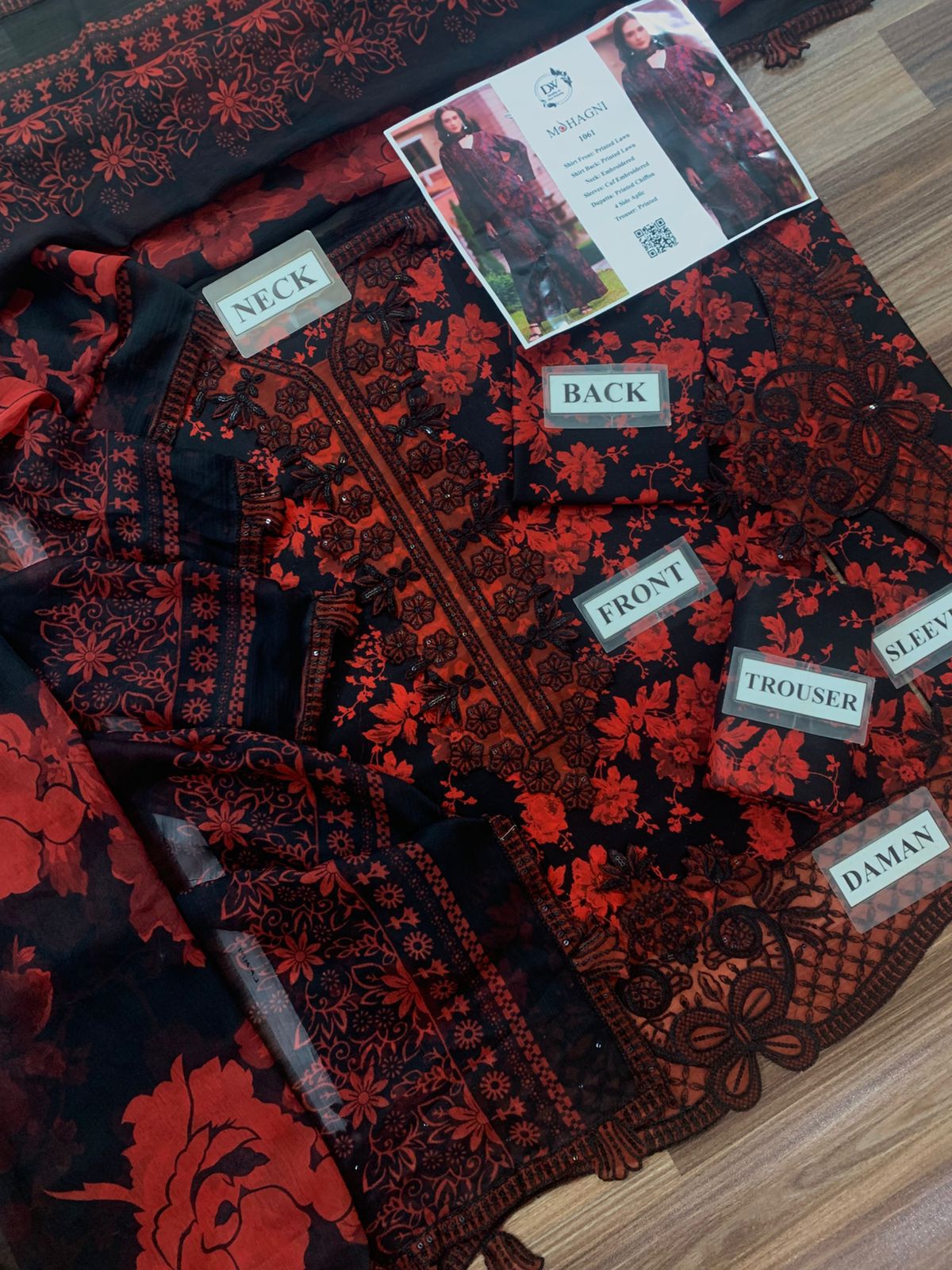 Mohagni – Crimson Red & Jet Black Evening Floral Lawn – 3PC