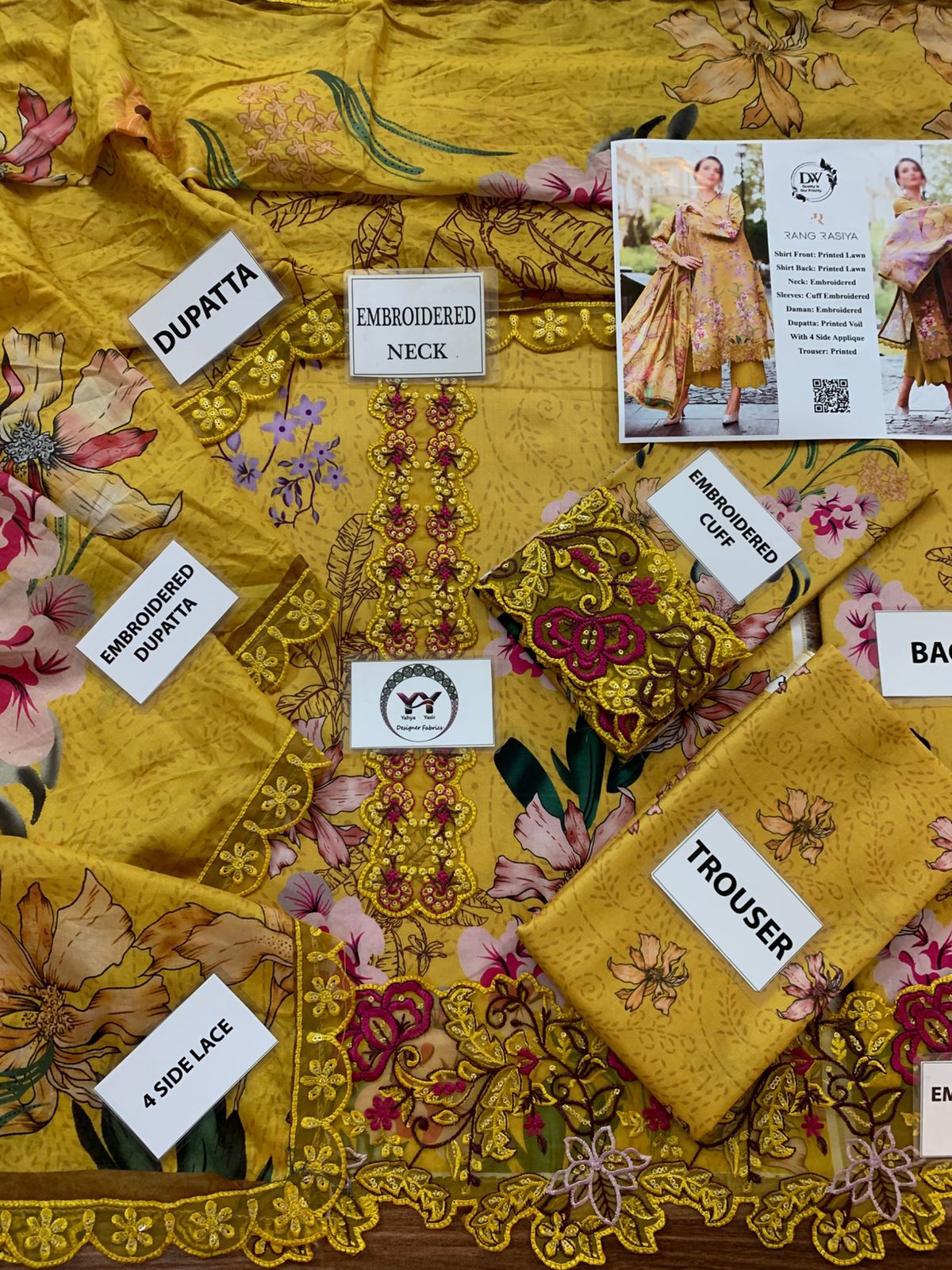 Rang Rasiya – Mustard Yellow Traditional Floral Premium Voil – 3PC