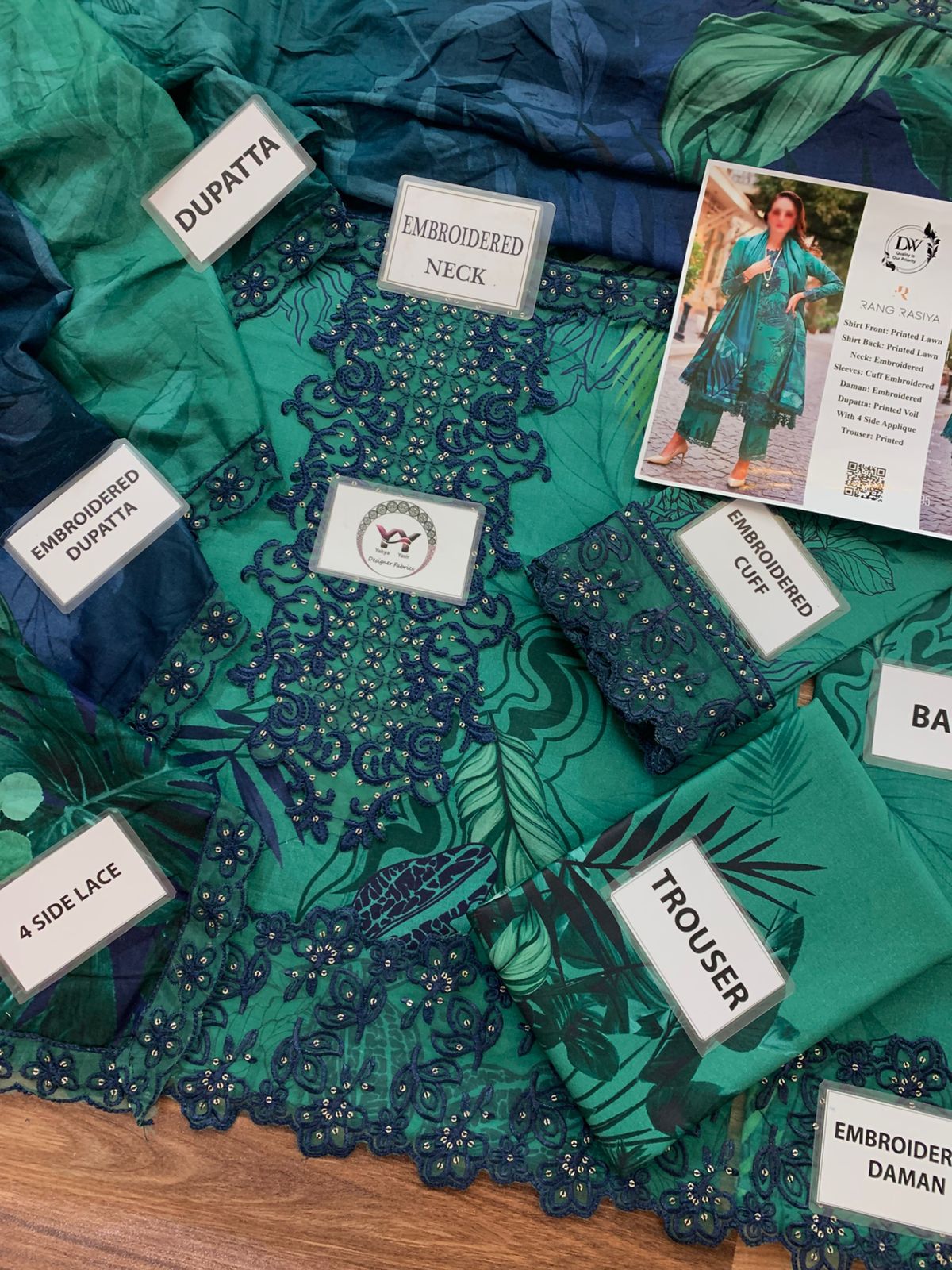 Rang Rasiya – Emerald Teal Tropical Leaf Print with Mirror-Work Gala – 3PC