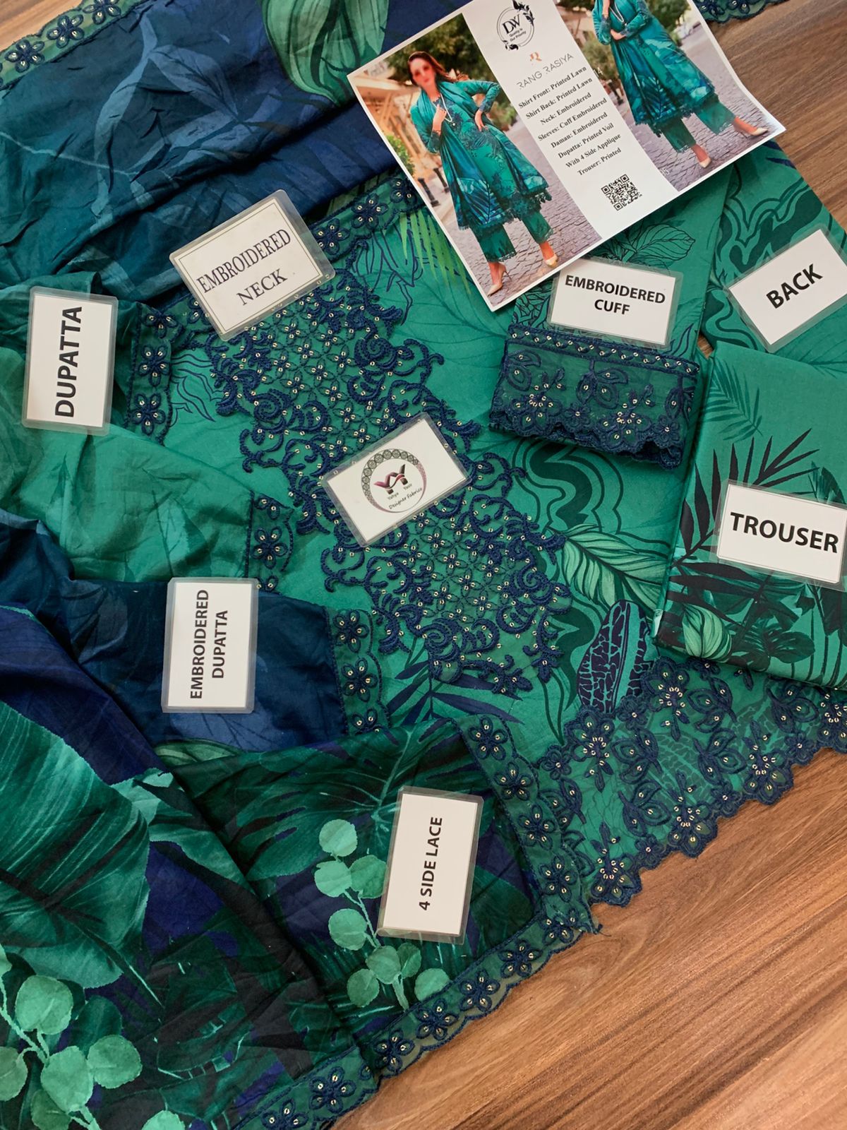 Rang Rasiya – Emerald Teal Tropical Leaf Print with Mirror-Work Gala – 3PC