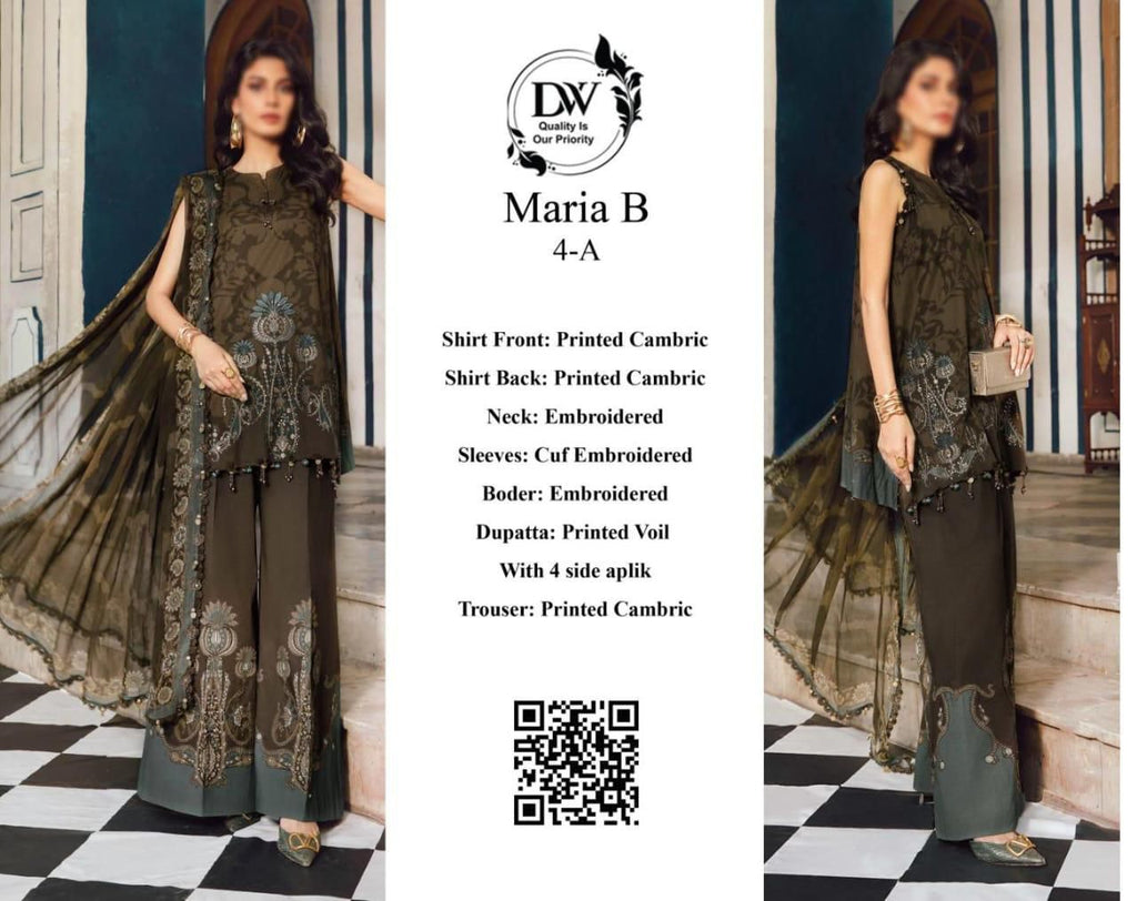 Maria B – Chocolate Brown Premium Cambric with Teal Border – 3PC