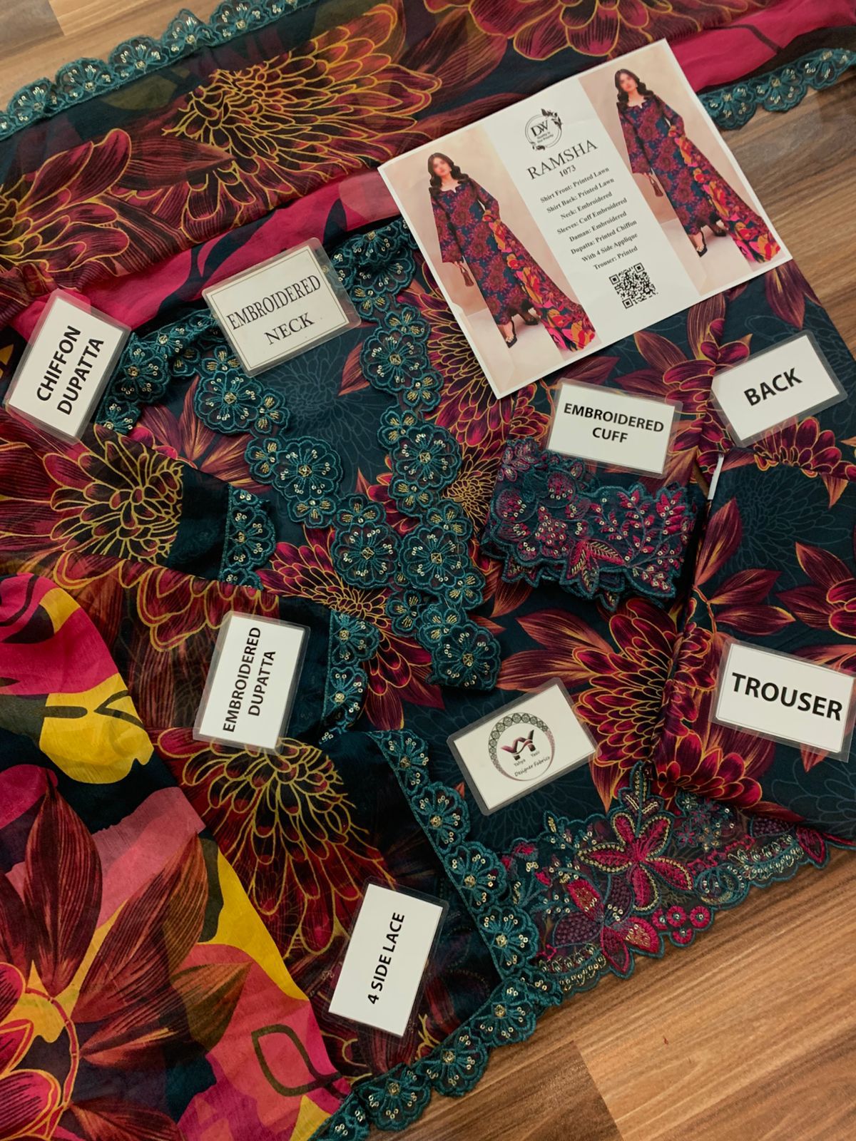 Ramsha – Deep Teal & Magenta Bold Chrysanthemum Lawn – 3PC