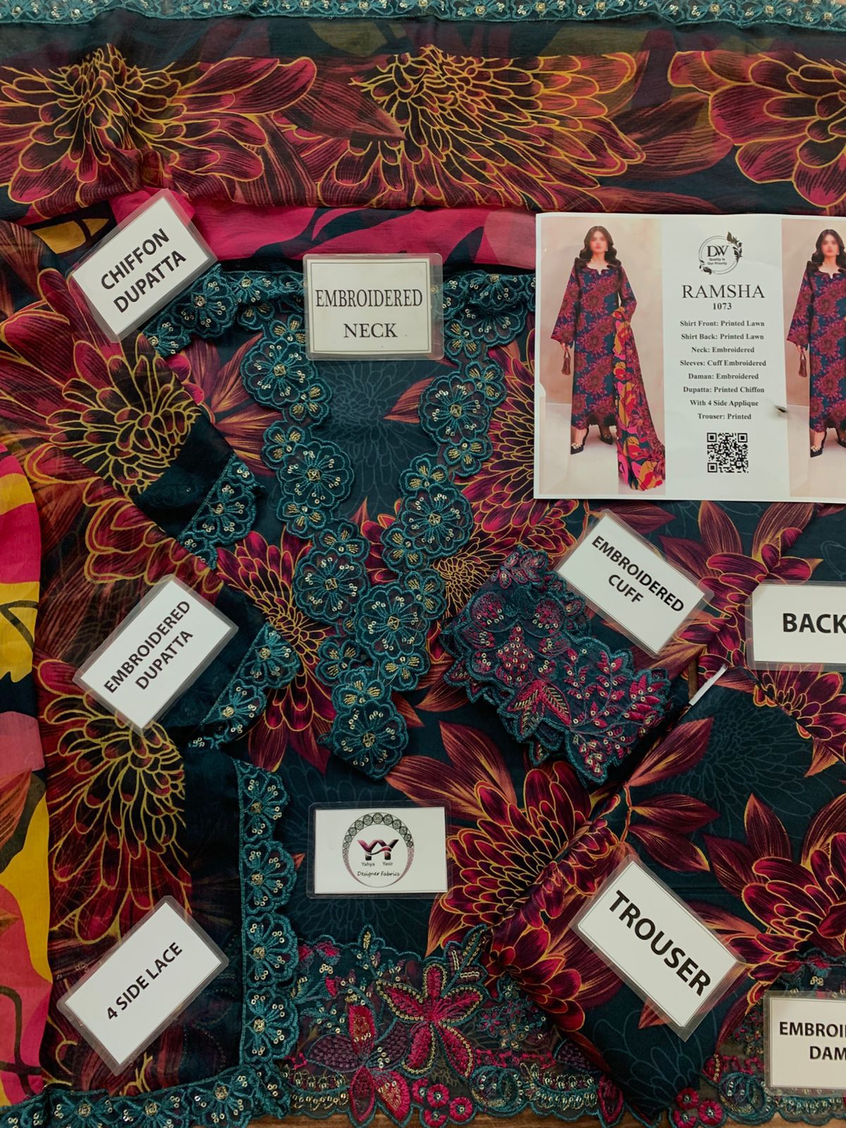 Ramsha – Deep Teal & Magenta Bold Chrysanthemum Lawn – 3PC