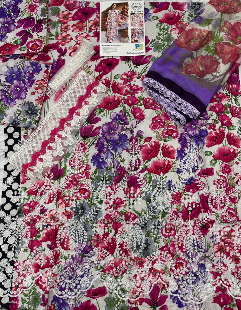 Maria B – Off-White Multi Floral Luxury Schiffli Cutwork Lawn – 3PC